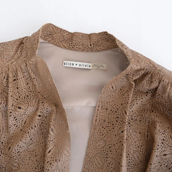 Alice +  Olivia Vanna Laser-Cut 100% Lamb Leather Tan Jacket Medium - Picture 11 of 14